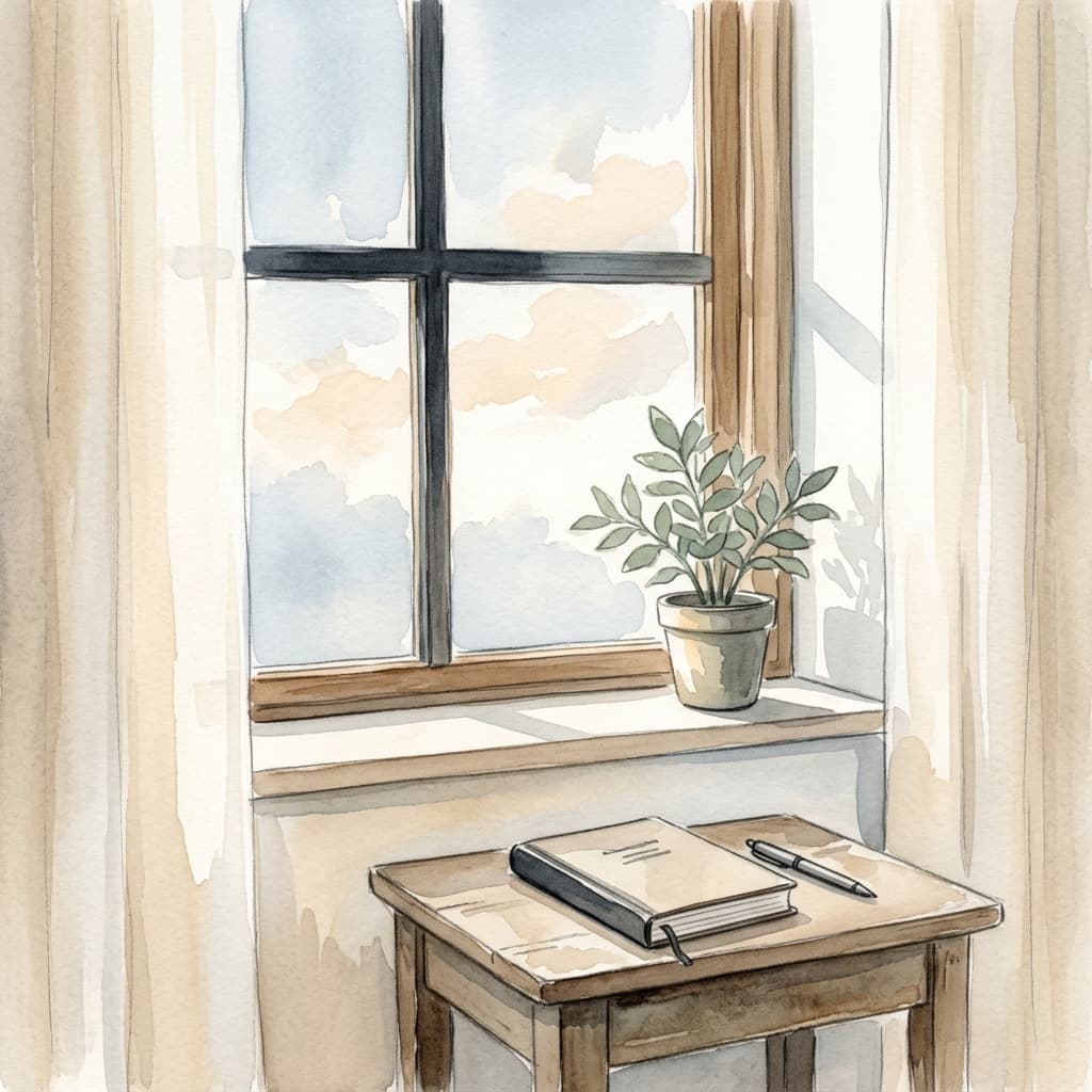 View through a window to soft morning sky, a small green plant on the windowsill, and a journal resting on a small table inside.