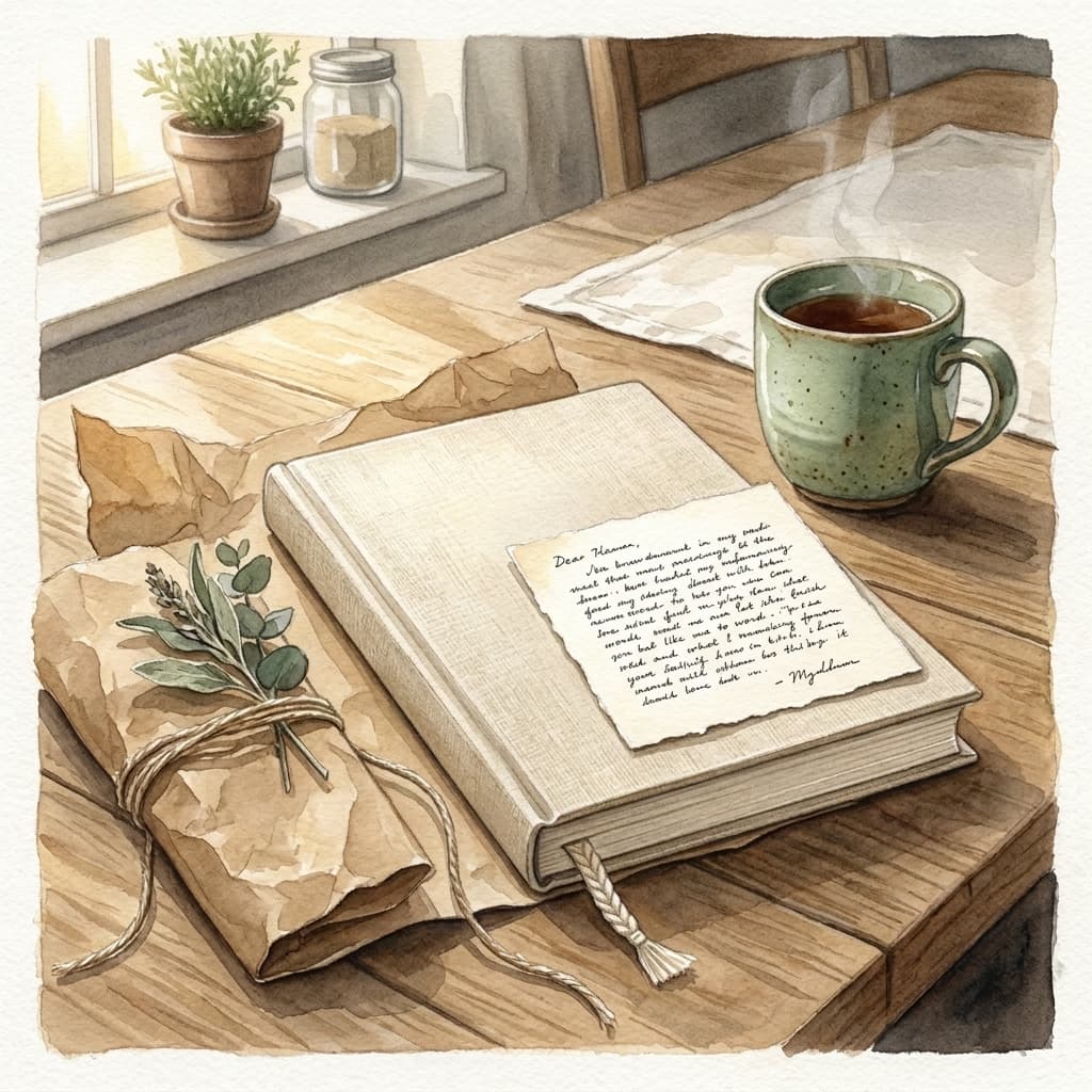 A linen-bound journal on a kitchen table, freshly unwrapped from brown kraft paper and twine, with a small handwritten note card resting on top and a sage sprig tucked into the twine. Soft morning light through a kitchen window.